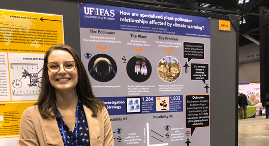 Sarah Anderson, Ph.D. student in the Mallinger Lab, received first place for her infographic at ESA “How are specialized plant-pollinator relationships affected by climate warming?