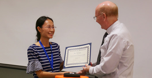 Dr. Ya Guo, from the Bonning lab, received second place in the Postdoc Poster Competition at the UF Genetics and Genomics Symposium held November 4th and 5th. Her poster was titled Peptide-mediated protection of the honey bee against virus infection. Dr. Rahul Banerjee also presented a poster at the same event on Transgenic citrus plants expressing a Bt toxin for management of the Asian citrus psyllid, Diaphorina citri. 