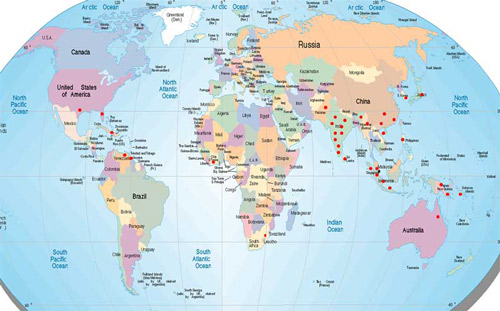 Worldwide distribution of chilli thrips, Scirtothrips dorsalis Hood, as of September 2009.