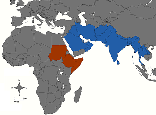 Figure 1. Historic distribution of Anopheles stephensi in Southeast Asia, the Middle East, and the Arabian Peninsula (blue). Recent invasion in the Horn of Africa (red). Credit: Abdullah A. Alomar, UF/IFAS. 