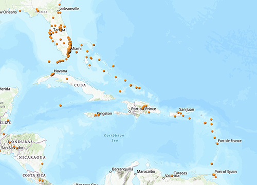2017 distribution of Cryptotermes brevis (Walker) in Florida and the Caribbean. Map by Johnalyn M. Gordon (johnalynmgordon@ufl.edu), University of Florida. Locality data are from the University of Florida Termite Collection, available at termitediversity.org