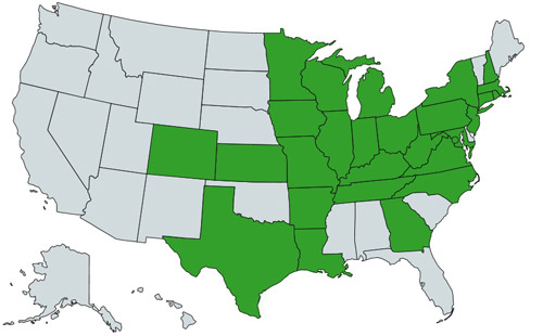 Distribution map of the emerald ash borer, Agrilus planipennis Fairmaire, in the United States.