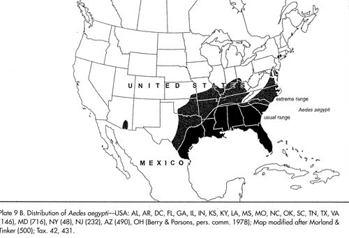 Distribution of the yellow fever mosquito, Aedes aegypti (Linnaeus), in the United States as of 2005.