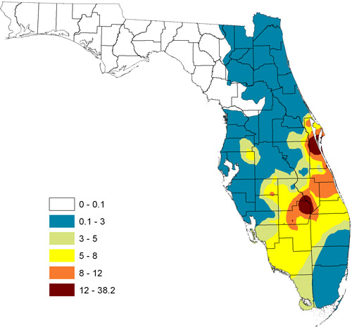 Density of Gratiana boliviana per plant during 2008 and 2010 in Florida
