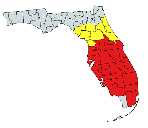Counties in Florida where Ormia depleta (Wiedemann) can be found. Red counties indicate those where Ormia depleta is known to be present year-round, and yellow counties indicate the presence of Ormia depleta in the fall season. Map created by Haleigh Ray using www.mapchart.net, following Frank et al. (1996).