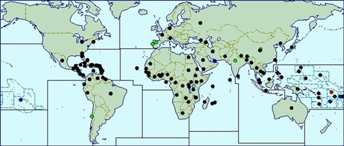 Distribution map for Aspidiotus destructor.