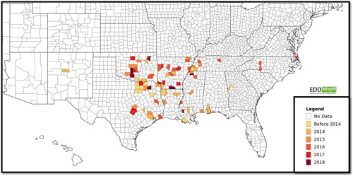 Figure 2. Counties with verified reports of crapemyrtle bark scale, Acanthococcus lagerstroemiae (Kuwana), as of May, 2018. Map: https://www.eddmaps.org/cmbs/distribution.cfm.