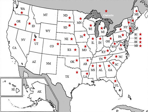 Distribution of bluegrass billbug, Sphenophorus parvulus Gyllenhal, in the United States. Red stars show the states where Sphenophorus parvulus had been reported. 