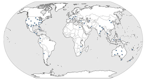 Global distribution of composite thrips, Microcephalothrips abdominalis Crawford. 