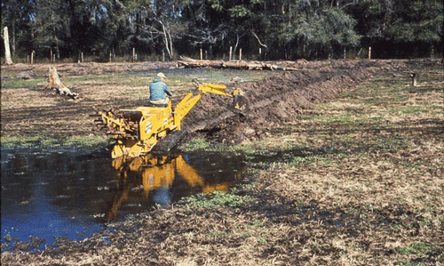 Digging drainage canals to remove standing water is one method to reduce mosquito larval developmental opportunities.
