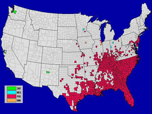 Center for Disease Control recorded distribution of Aedes albopictus (Skuse), the Asian tiger mosquito, in the United States, by county, 2000.