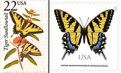 U.S. postage stamps featuring eastern tiger swallowtails, Papilio glaucus Linnaeus.