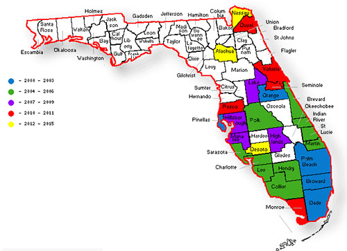 Distribution of Myllocerus undecimpustulatus undatus Marshall in Florida based on initial collection from 2000 to 2006, and additional data through 2012. 