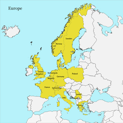 European countries are marked in yellow if they have documented presence of the chicken mite, Dermanyssus gallinae (De Geer).