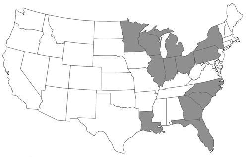 State distribution map of Nomada fervida Smith in the United States constructed using data from Droege et al. 2010 and specimen records in Table 1. States colored grey are indicative of known species records