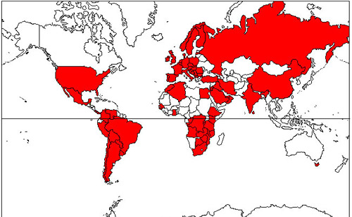 The worldwide distribution (red colored areas) of the bee louse, Braula coeca Nitzsch. 