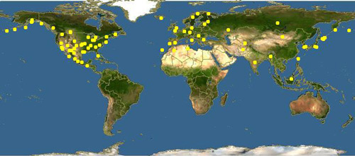 Global distribution of Creophilus maxillosus Linnaeus. Computer generated distribution map revised 2012 by John Pickering, Discover Life. This map has not been updated to show the recently discovered populations in South America.