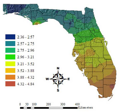 Geographical information system map showing the predicted number of generations of the Myakka bug, Ischnodemus variegatus (Signoret), in Florida. 